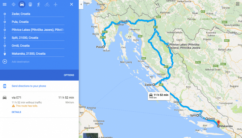 The map of your one-week Croatia itinerary road trip.