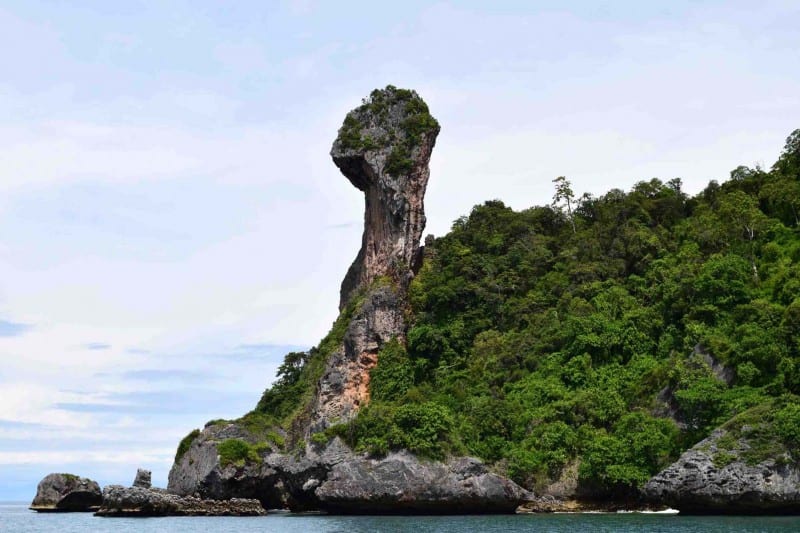 Large limestone rock formations on Chicken Island near Krabi.