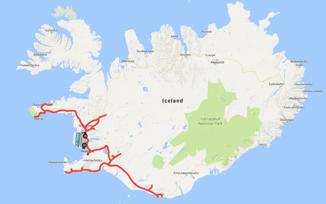 Iceland Road Map for the West Coast and cheapest campervan in Iceland
