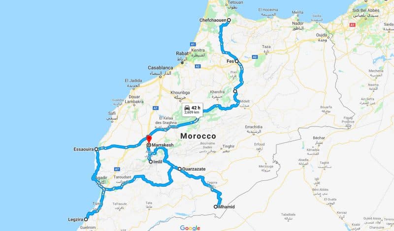 Morocco route on a map