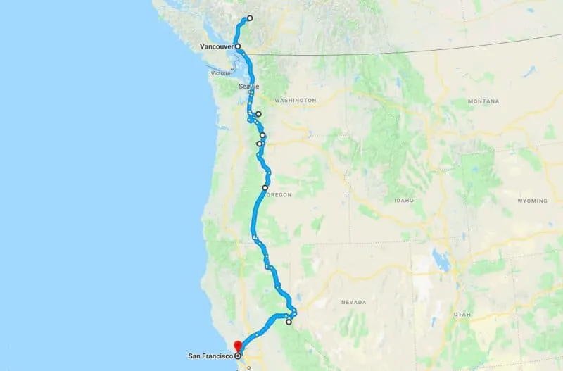 Google map of my road trip in the USA
