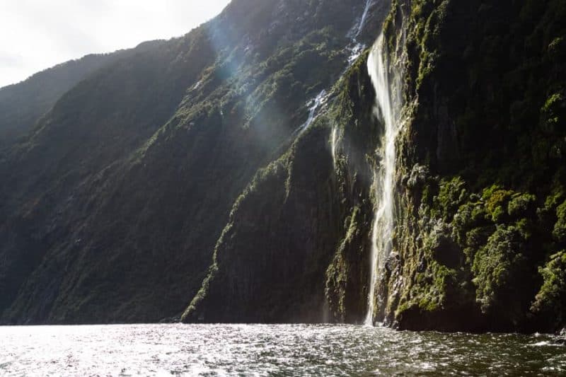 Milford Sound waterfall sunglare