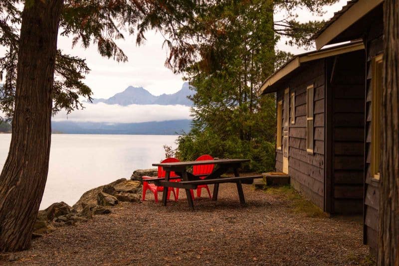 View of a lake from the Apgar lodge.