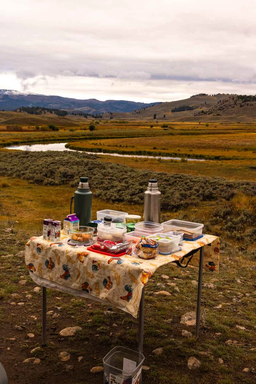 A view of our breakfast on a Wolf Tracker Tour is a must do on your Yellowstone Itinerary