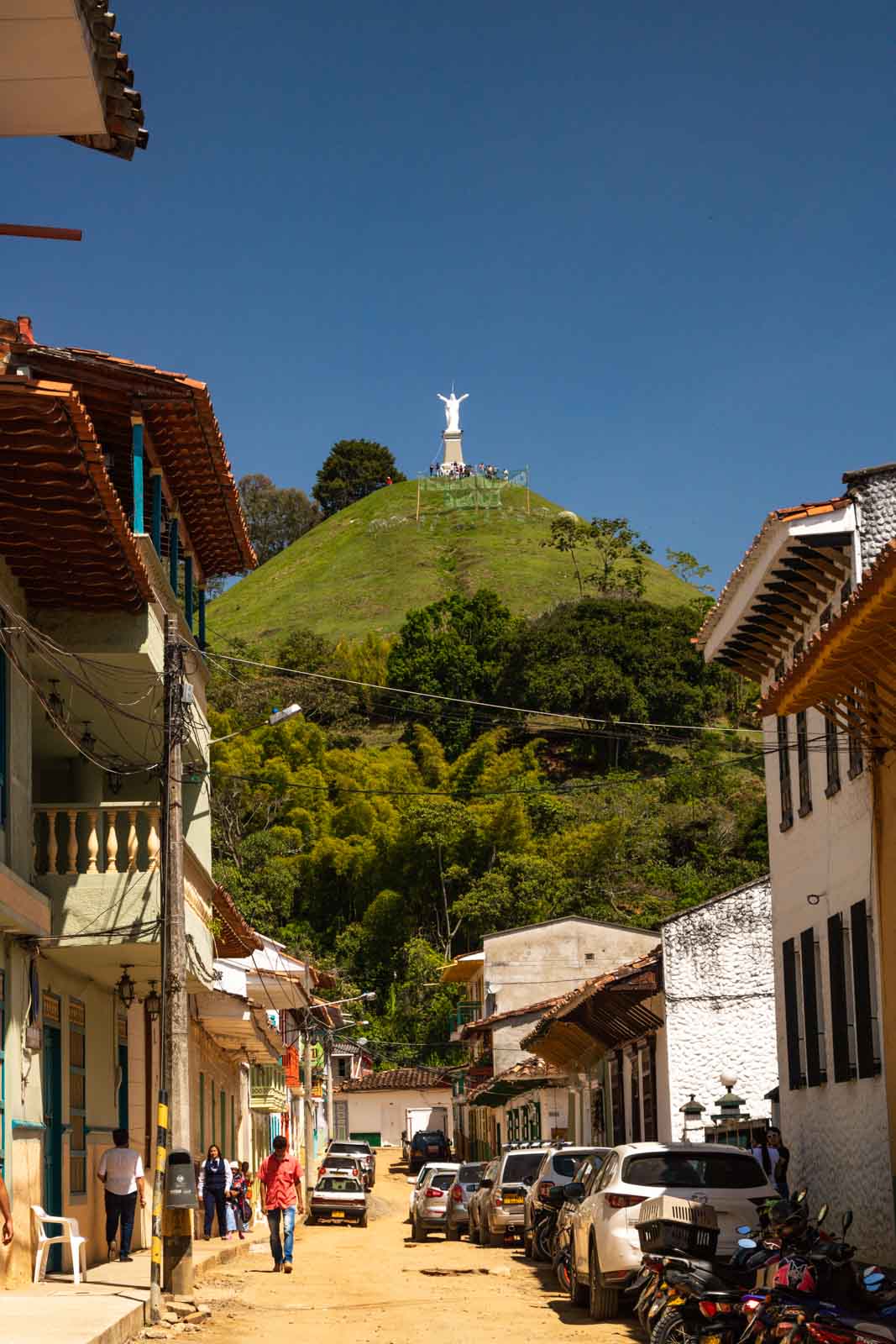 The view of Cristo Redentor from the street in Jerico, Colombia.