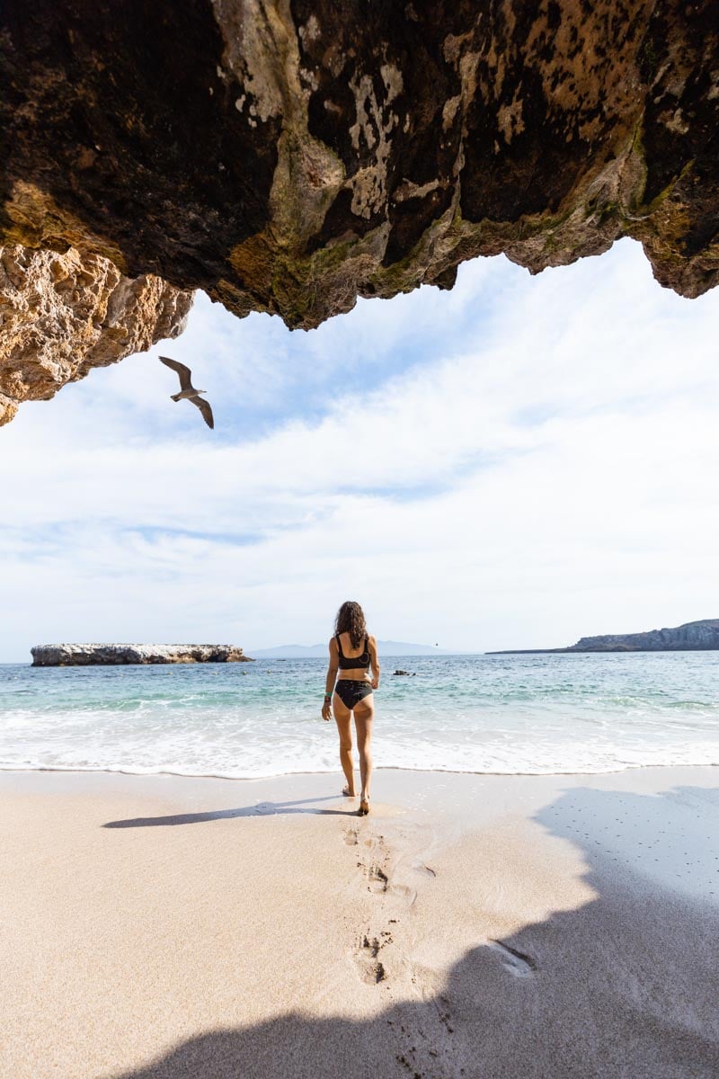 Woman walking on beach with seagull flying above on Marieta Islands.