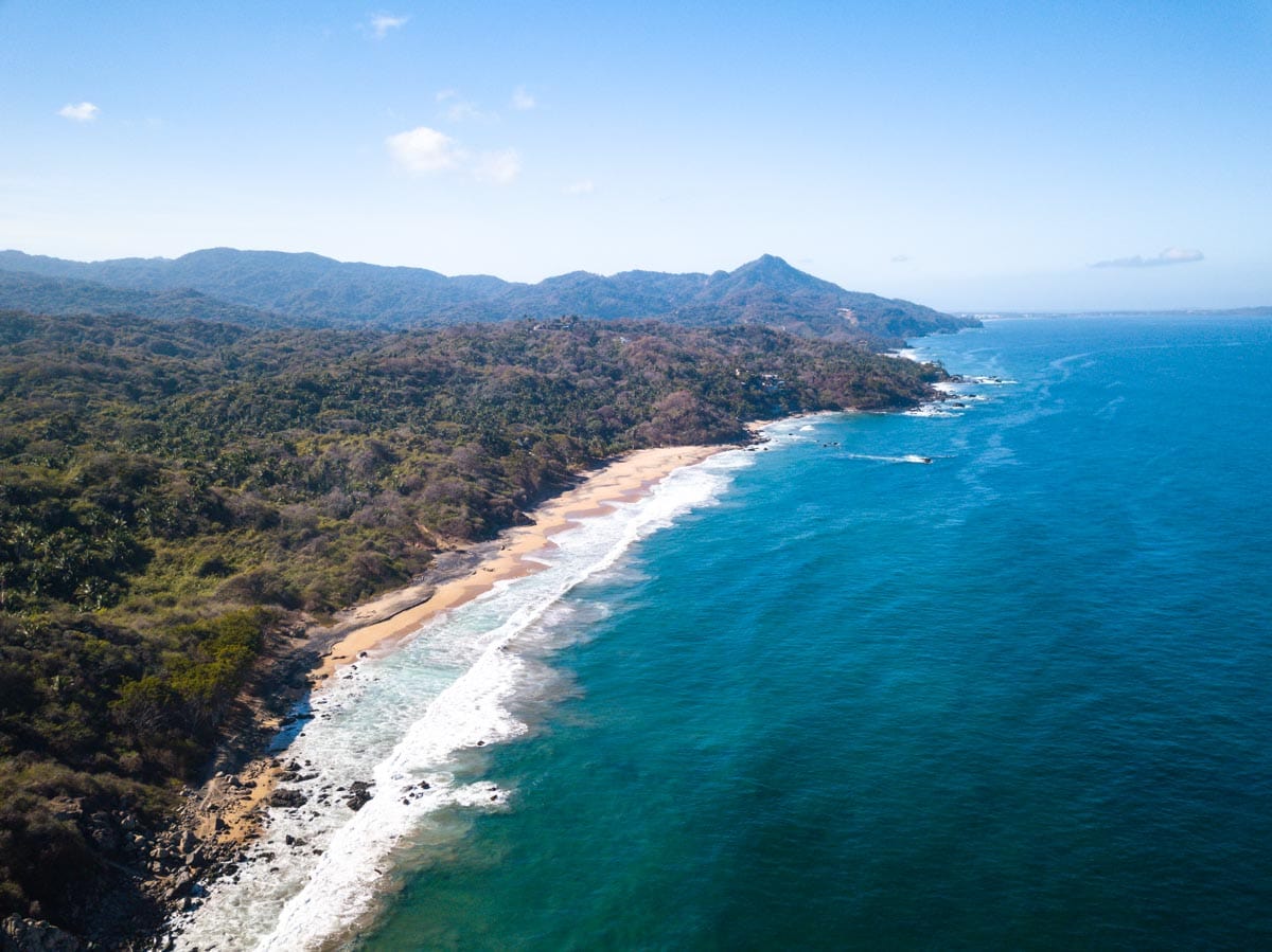 Aerial view of beach and coastline at Patzcuarito.
