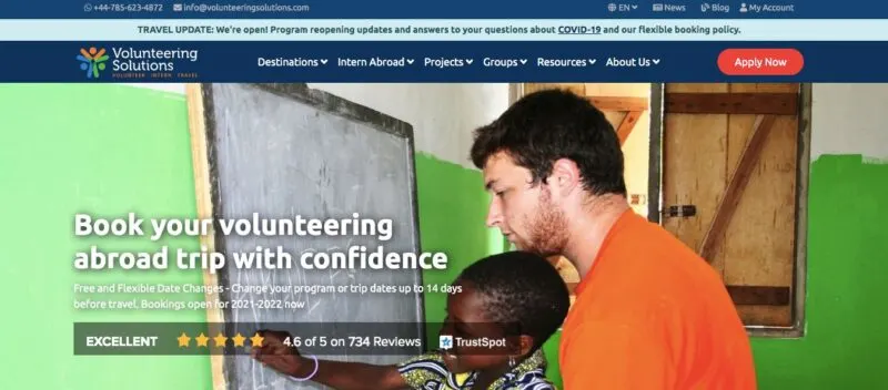 Volunteering Solutions website home page - use them if you are wondering how to get a job abroad
