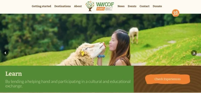 WWOOF website homepage - volunteer abroad through them