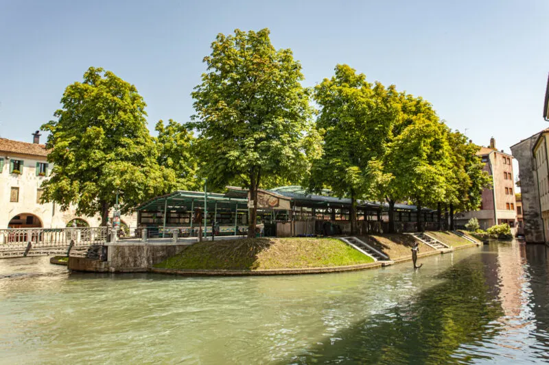 Isola della pescheria - fish market island - on river with trees in background in Treviso - one of the best day trips from Venice