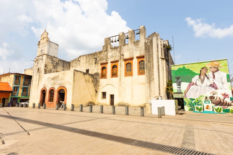 Historic pale yellow building on town square in Xilitla on a Huasteca Potosina tour