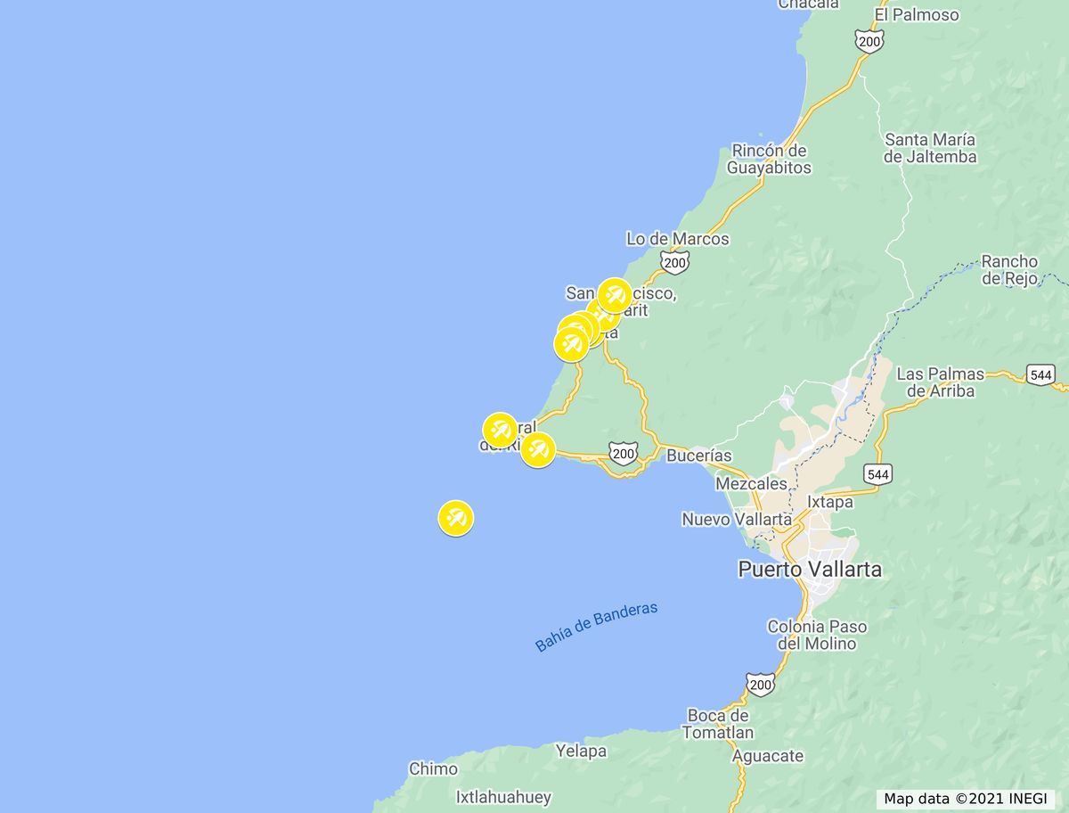 Map of beaches of Sayulita with pinpoints. 