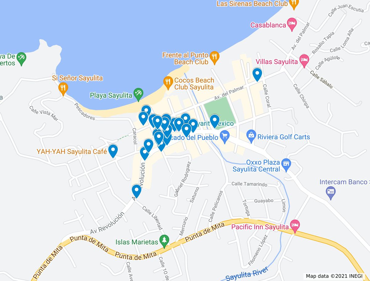 Google maps with pin points of restaurants in Sayulita.