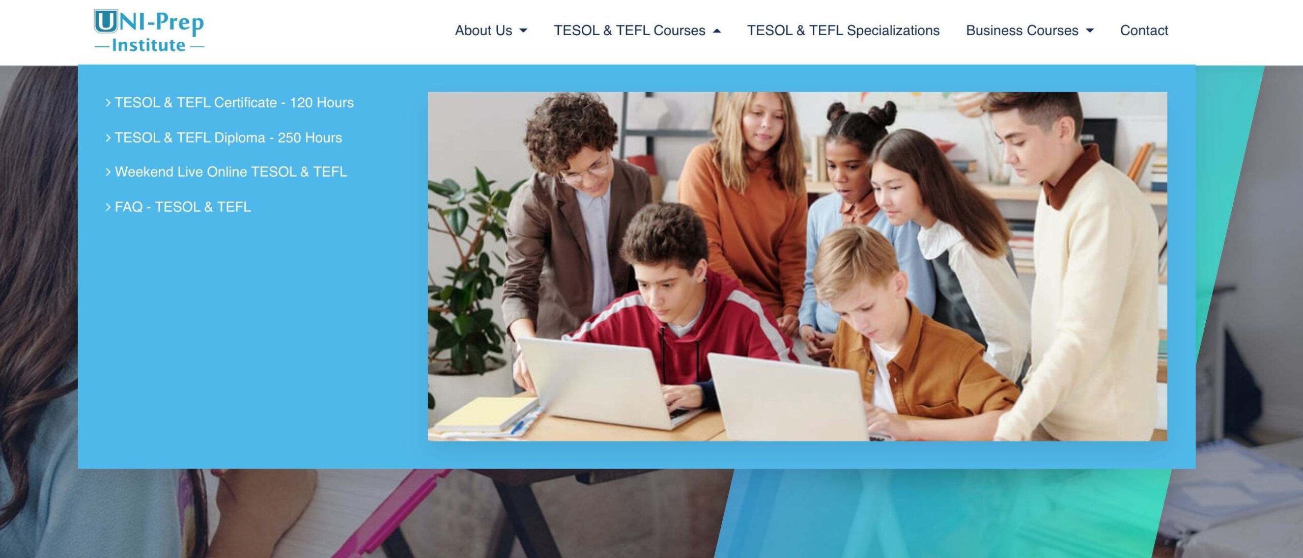 Screenshot of Uni Prep Institute website for tefl courses