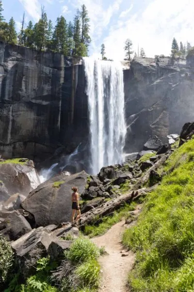 Hiker in front of Vernal Falls in Yosemite National Park