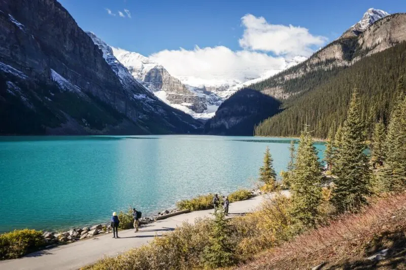 Path along the shore of Lake Louise in Banff National Park in the Canadian Rockies