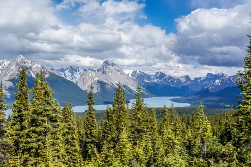 Distant view of Maligne Lake in Jasper National Park, Canada