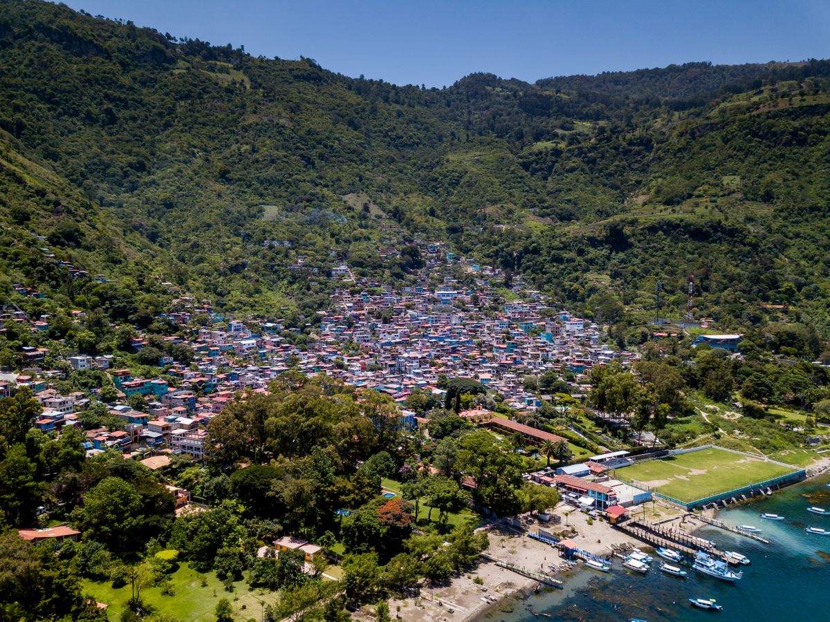 Overhead view of Santa Catarina Palopo on Lake Atitlan, Guatemala