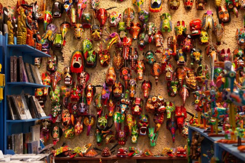 Masks on wall of shop in Antigua Guatemala