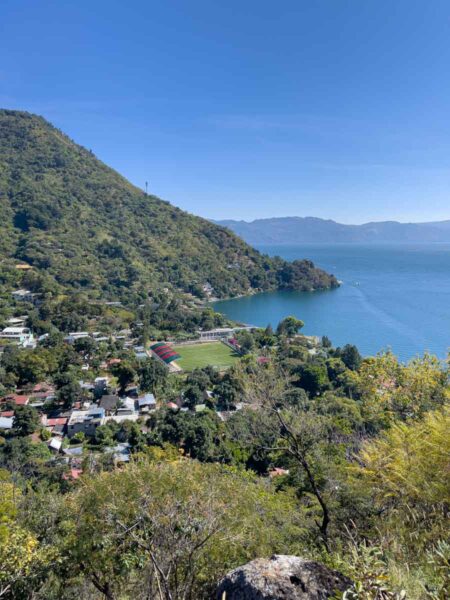 View of Cerro Tzankujil in San Marcos on Lake Atitlan Guatemala