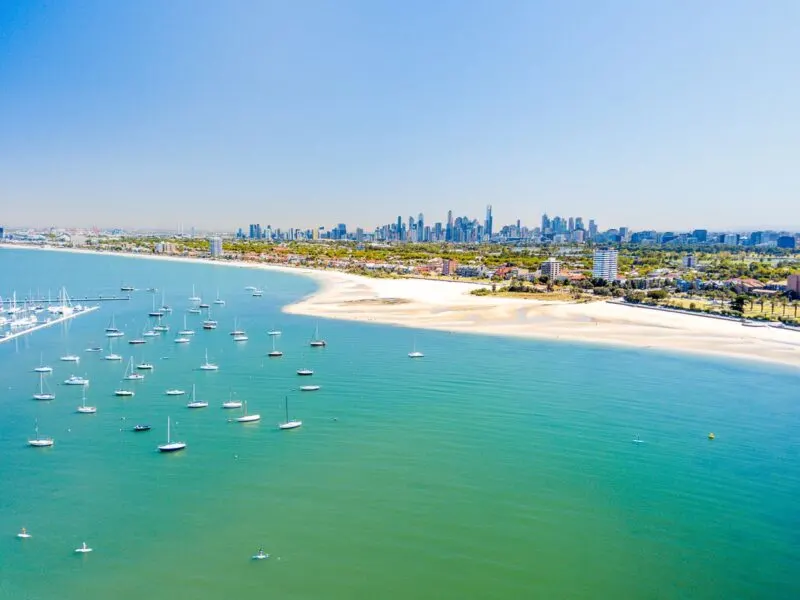 Aerial view of St Kilda beach Melbourne on a working holiday visa in Australia