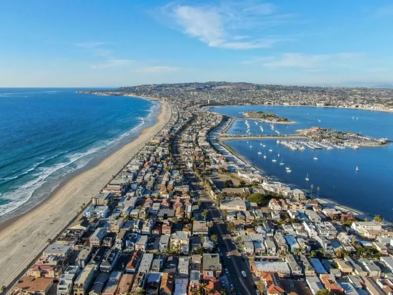 Aerial view of Mission Bay on a San Diego itinerary