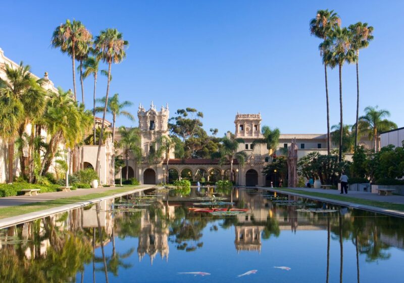 Lily pond and buildings at Balboa Park on a San Diego itinerary