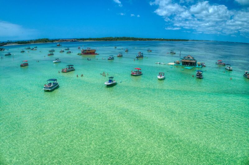 Boats at Crab Island near Destin one of the things to do in North Florida