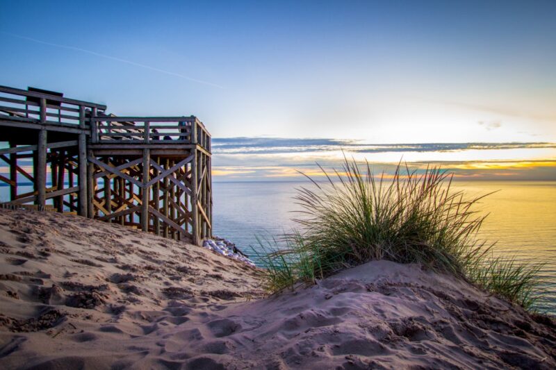 Wooden jetty on Sleeping Bear Dunes on hikes in Northern Michigan