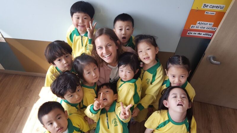 Teacher and students teaching English in South Korea