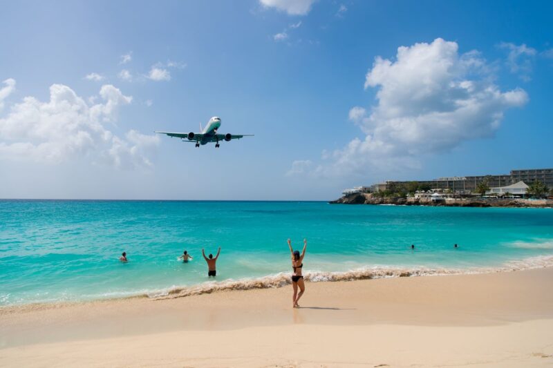 Plane over Philipsburg St Maarten Caribbean island hopping