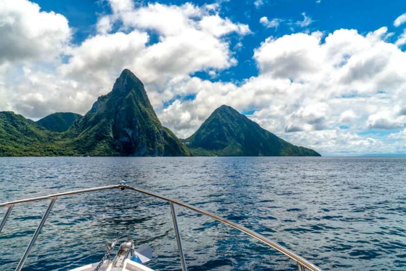 Pitons view from the water for where to stay in St Lucia