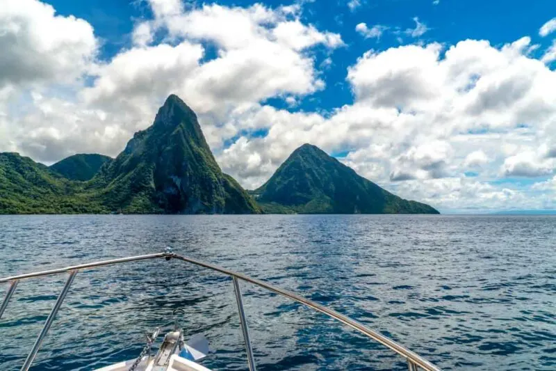 Pitons view from the water for where to stay in St Lucia