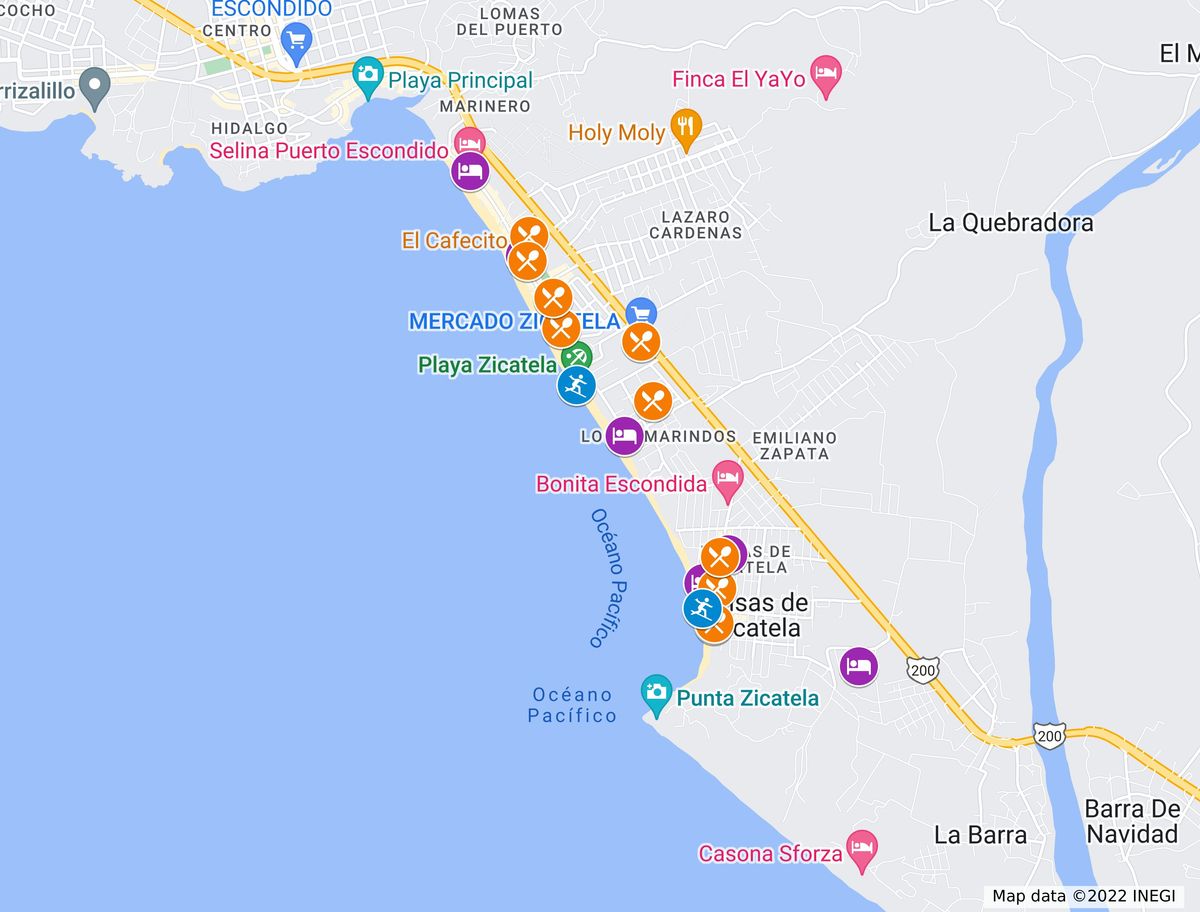 Google map screenshot showing pin point of everything recommended in Playa Zicatela + La Punta Zicatela