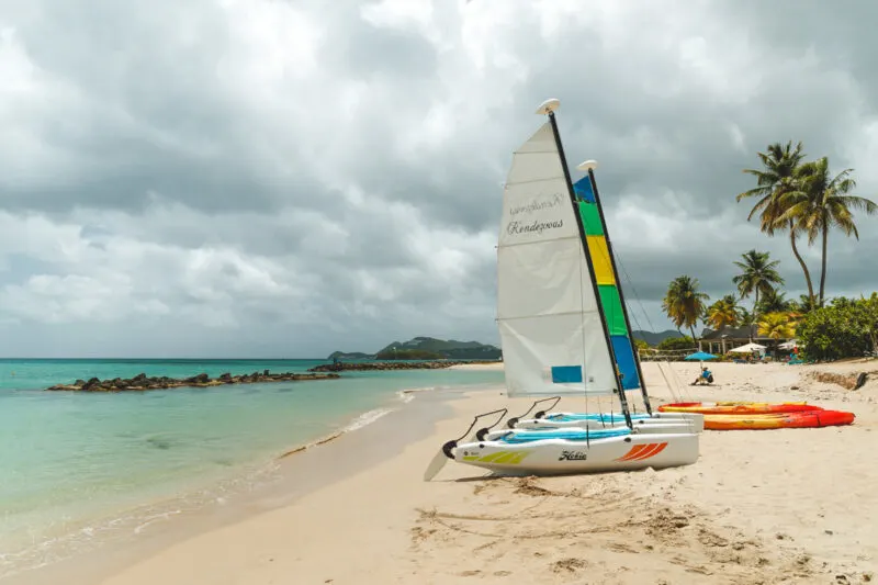 Boats on beach at Rendezvous where to stay in St Lucia