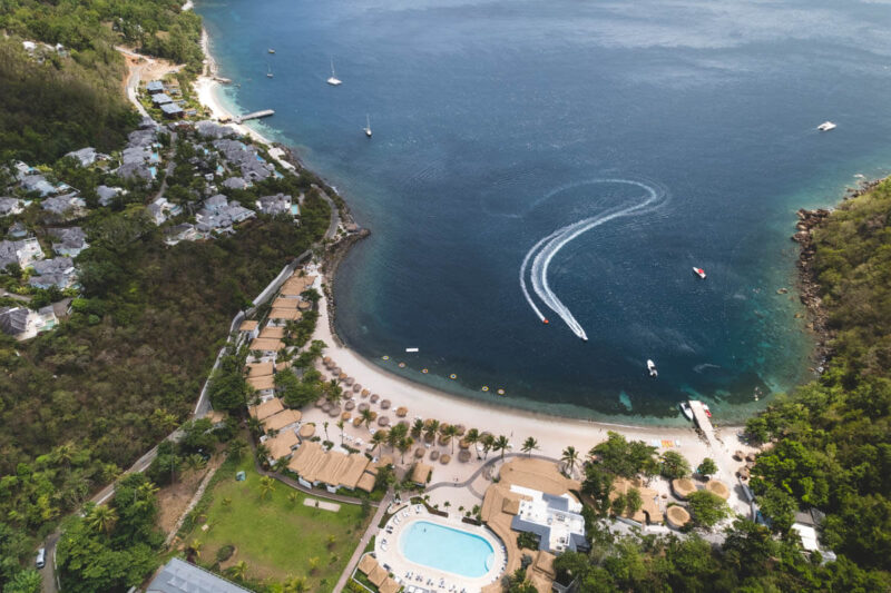 Sugar Beach from overhead where to stay in St Lucia