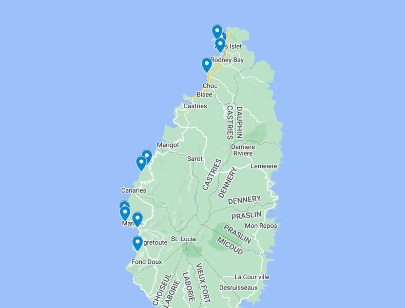 Map of the best beaches in St. Lucia