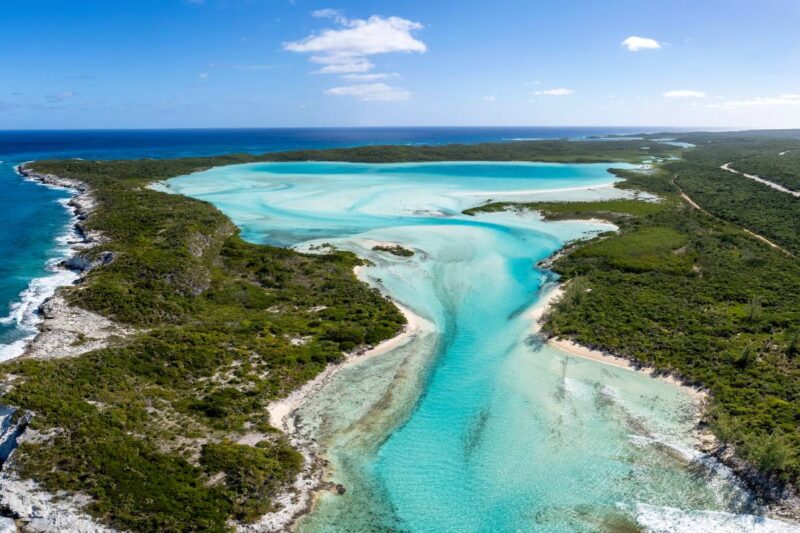 Aerial view of lagoons on Long Island, Bahamas, Caribbean island hopping