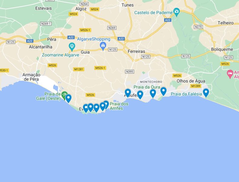 Map of beaches in Albufeira