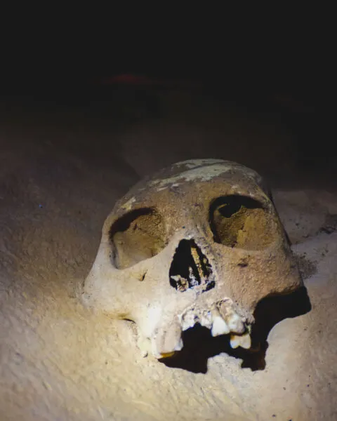 Skull at Actun Tunchil Muknal Cave for things to do in Belize