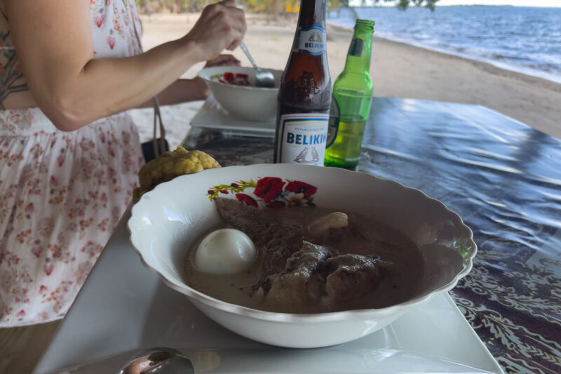 Coconut fish stew in Hopkins visiting beaches in Belize.
