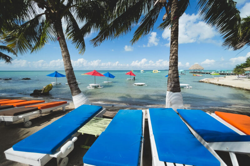 Sunloungers on Secret Beach one of the beaches in Belize