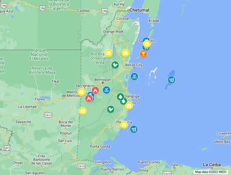 Map of things to do in Belize