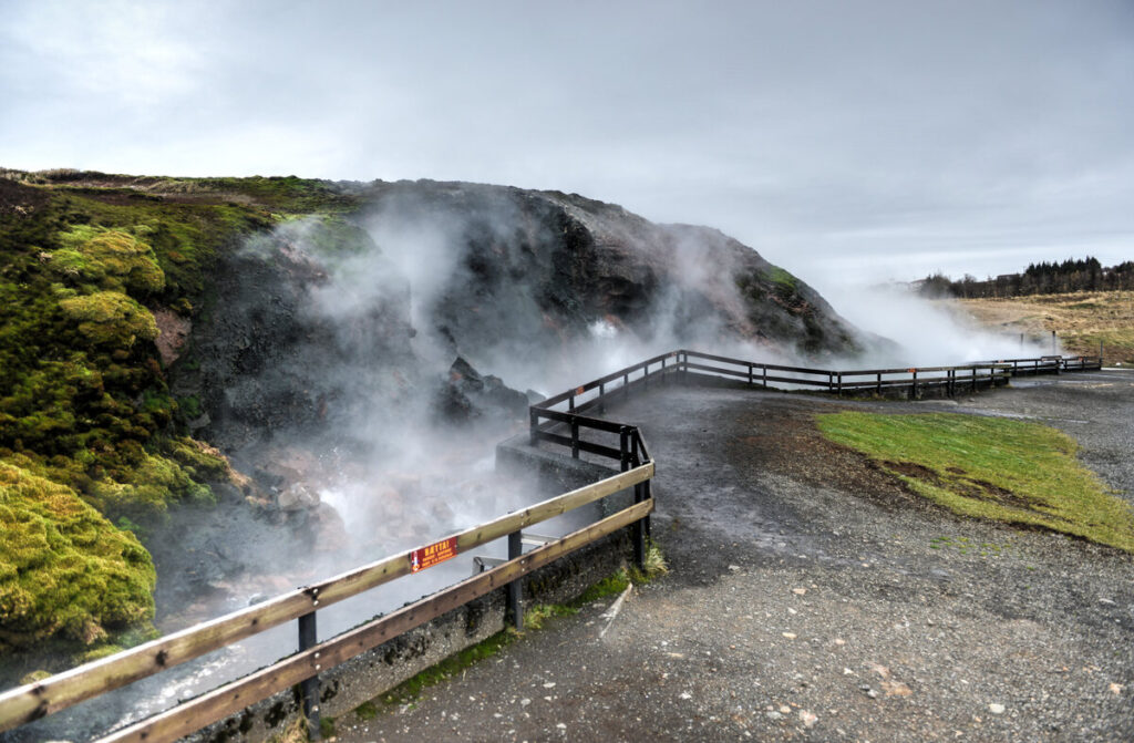 Viewing platform at Deildartunguhver geothermal spring day tours from Reykjavik
