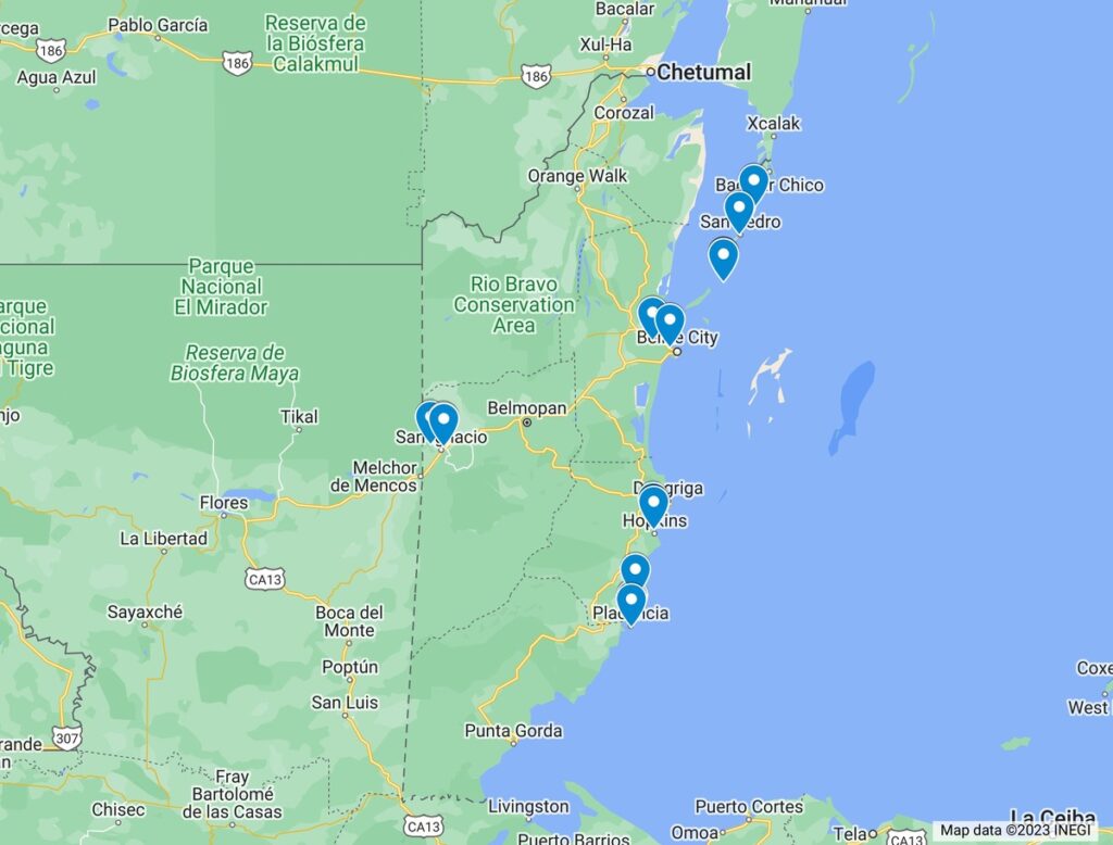 Map of where to sty in Belize