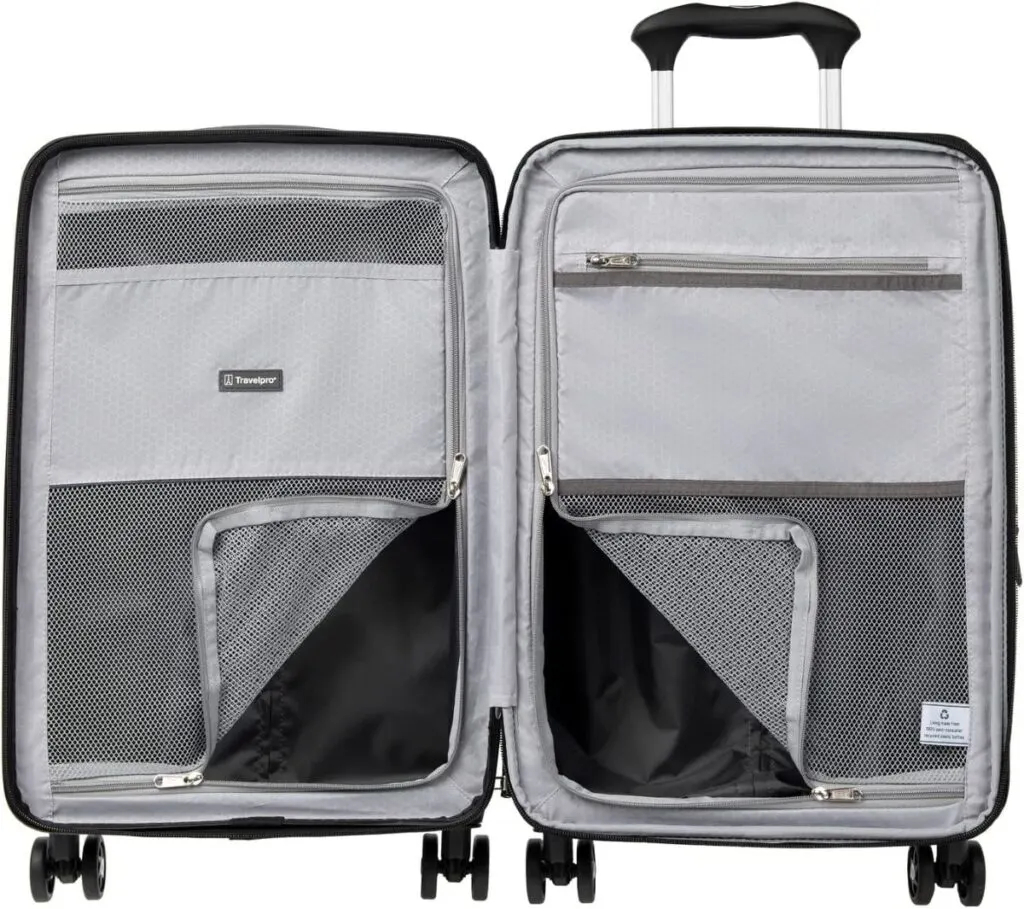 Travelpro Maxlite Air hard side luggage inside has plenty of dividing pockets.
