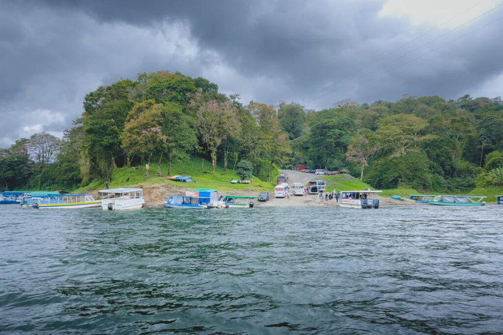 Shuttles waiting at the boat dock going to La Fortuna from Monteverde Costa Rica