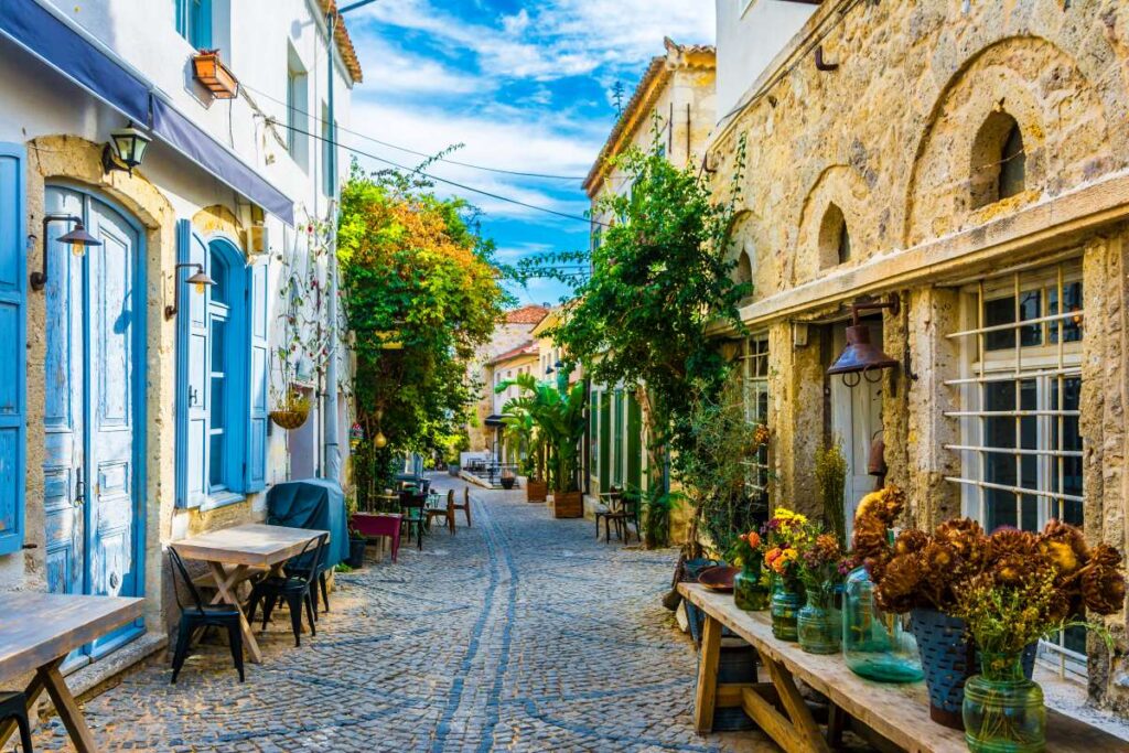 A quaint street view in the historic town of Alcati, Turkey.