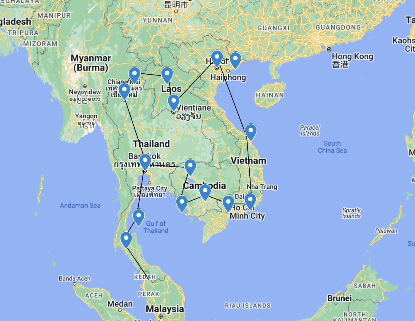The Banana Pancake Southeast Asia backpacking route on a map.