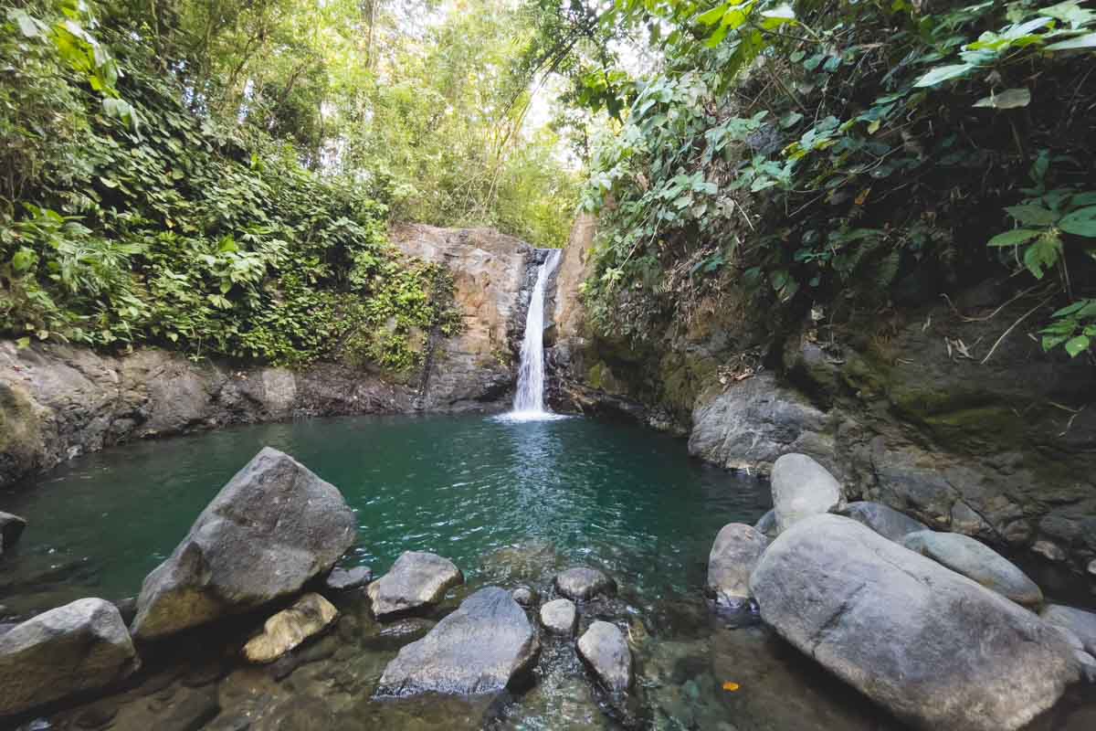 A wide shot of Catarata waterfall and the surrounding environment near Uvita.